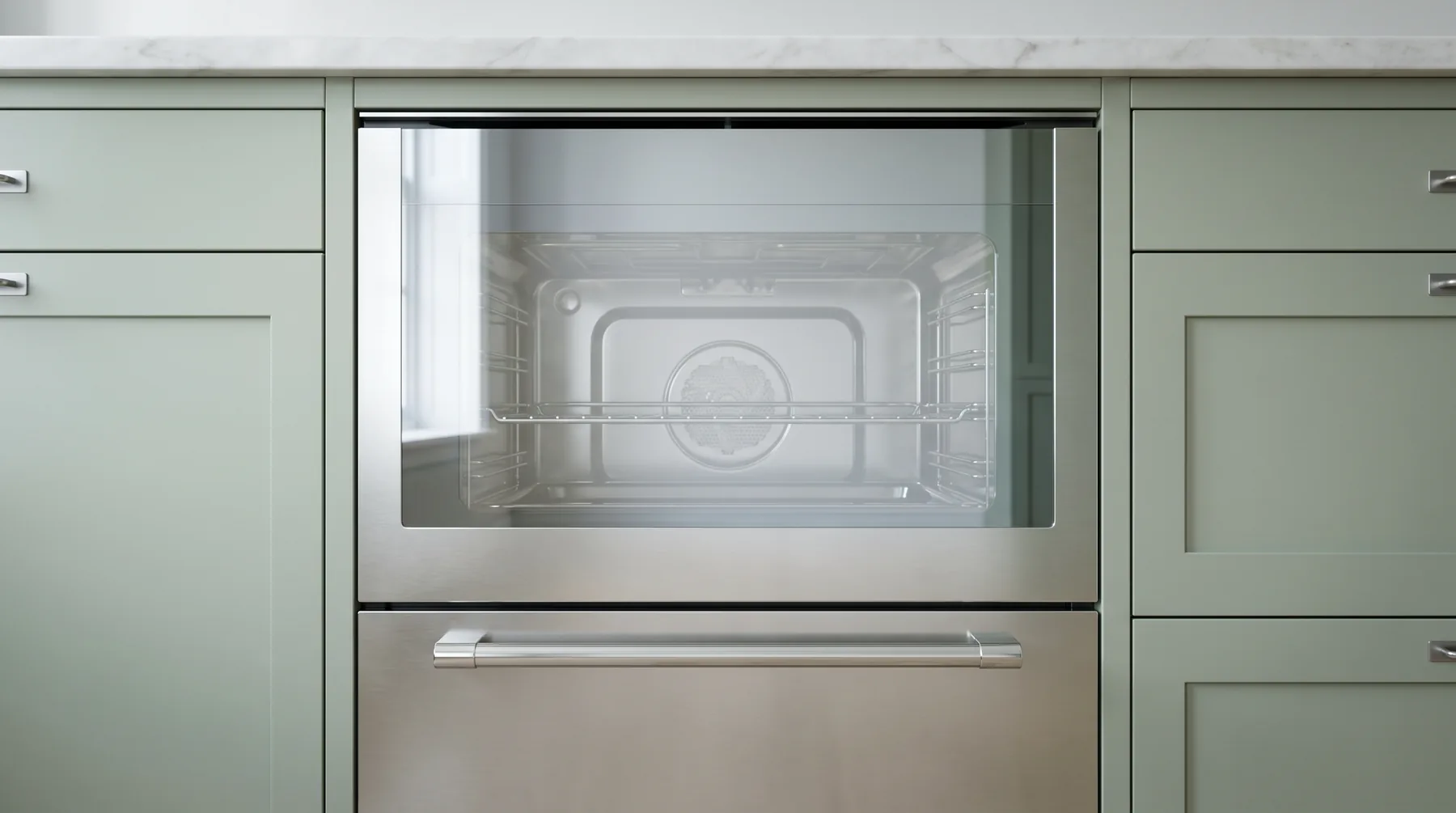 The same oven after a Pink Planett deep clean, glass mirror-clear