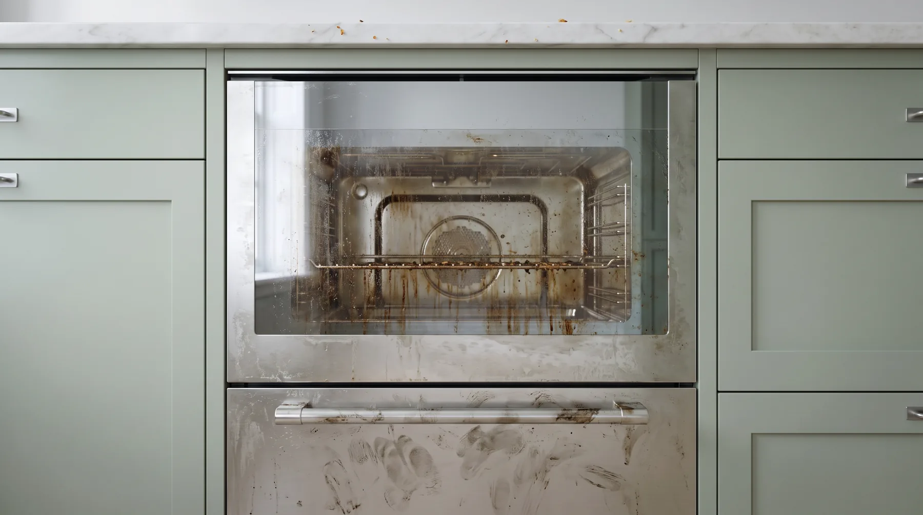 An oven before cleaning, with baked-on grease across the door glass