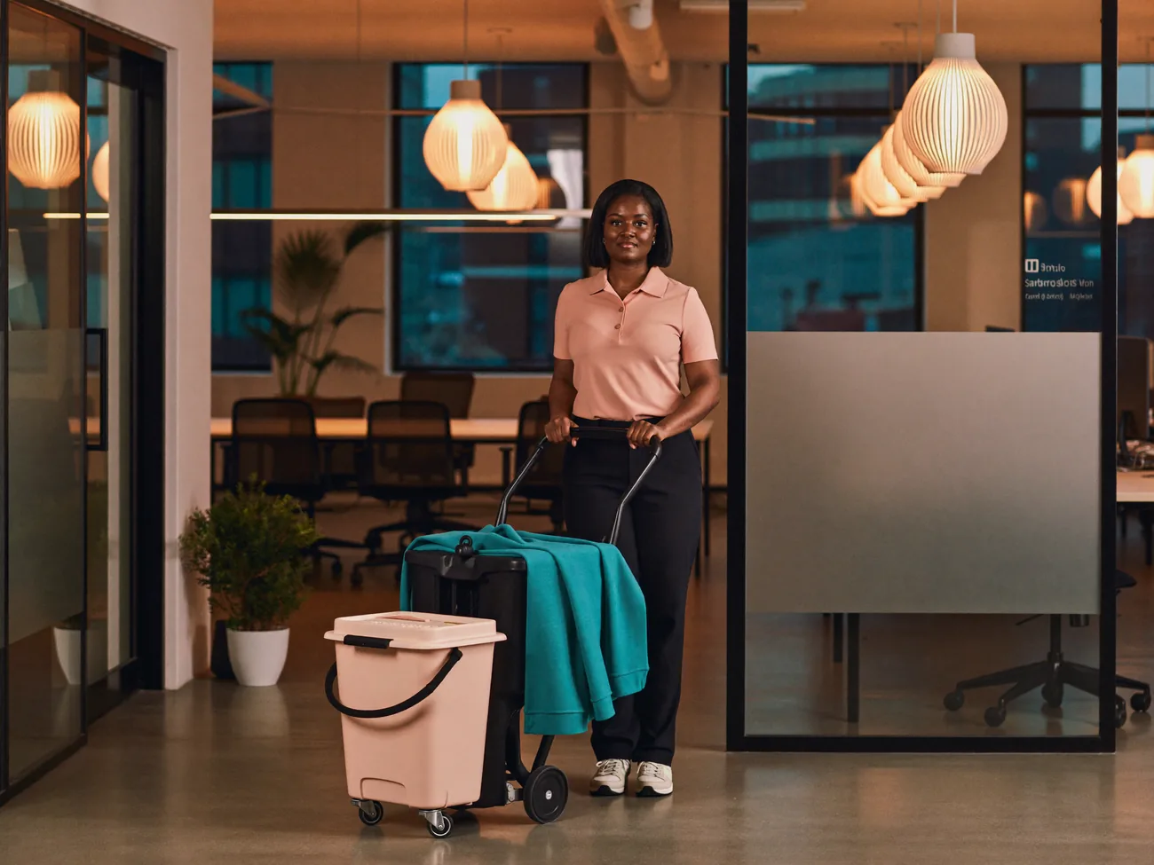 A Pink Planett cleaner working in a modern London office out of hours