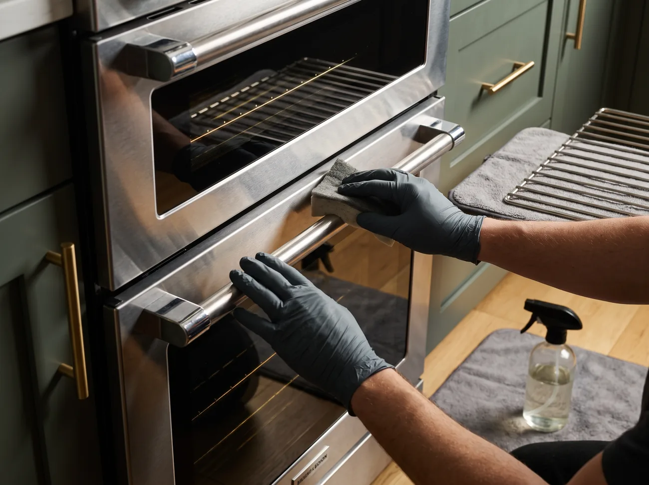Professional oven clean in progress on a stainless steel double oven