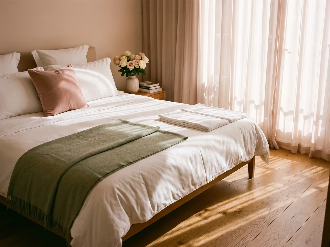 An immaculately made bed in a bright London bedroom after a home clean